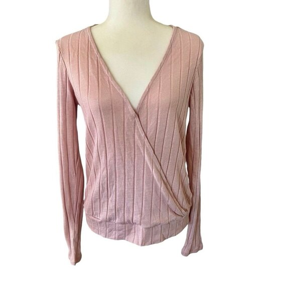 Sanctuary Tops - Sanctuary Polina Over the Rainbow Pink Ribbed Surplice Faux Wrap Blouse Size L